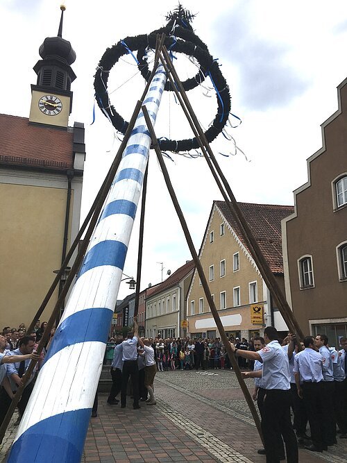 Maibaumaufstellen in Bad Abbach durch die Schützengesellschaft