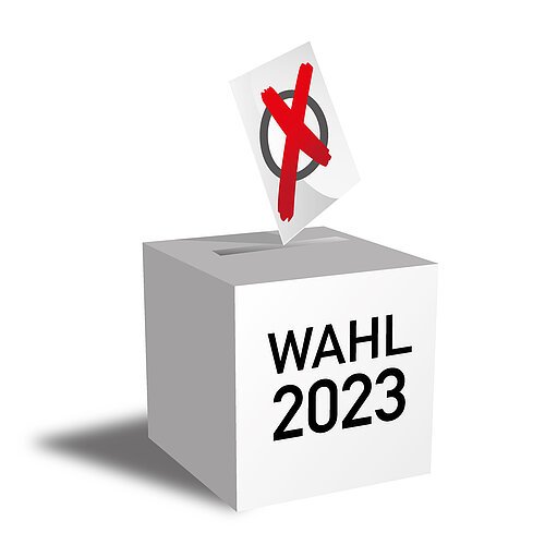 Wahlen 2023 - Wahlurne mit Stimmzettel