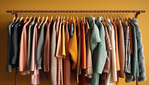 AI Generated. AI Generative. Vintage color vibrant cloth rack with clothing on. Sale marketing promotion store. Graphic Art Illustration