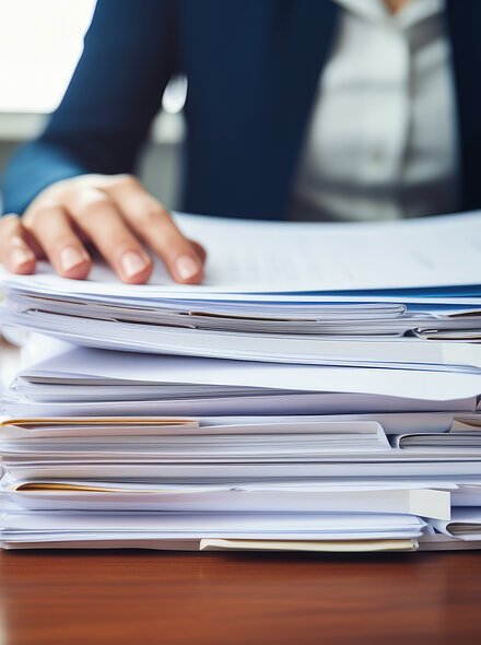 Businesswoman hands working in Stacks of paper files for searching information on work desk in office, business report papers,piles of unfinished documents achieves.Created with Generative AI technology.