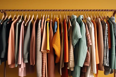 AI Generated. AI Generative. Vintage color vibrant cloth rack with clothing on. Sale marketing promotion store. Graphic Art Illustration