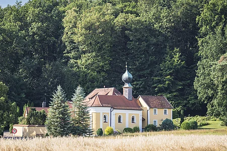 Gelbes Gebäude mit Zwiebelturm vor einem Wald, umgeben von Bäumen und einem Feld im Vordergrund.