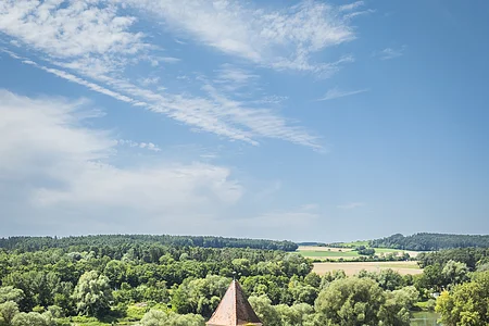 Das Luftbild zeigt die Kirche in Oberndorf aus erhöhter Perspektive. Die romanisch anmutende Kirche mit quadratischem Turm und rotem Zeltdach steht im Zentrum des Bildes. Umgeben ist sie von einem gepflegten Friedhof mit Grabsteinen und grünem Rasen. Direkt daneben befinden sich Wohnhäuser mit roten und grauen Dächern. Im Hintergrund fließt die Donau durch eine dicht bewaldete Uferlandschaft, dahinter erstrecken sich Felder, Wiesen und eine hügelige Waldkulisse. Der Himmel ist blau mit leichten Schleierwolken.