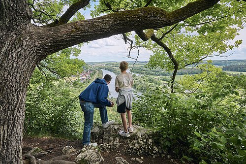 Oberndorfer Hänge Zwei Jungs Blicken beim Wandern in den Oberndorfer Hängen in das Donautal.