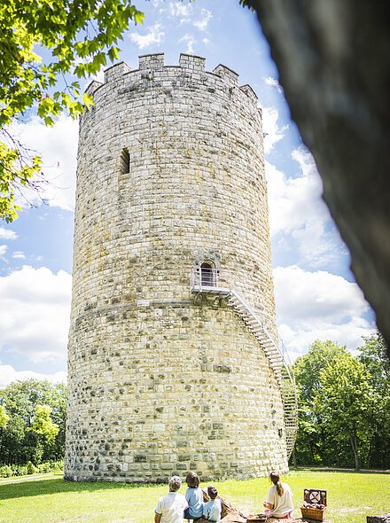 Picknick Heinrichsturm Eine vierköpfige Familie sitzt auf einem Baumstamm auf einer Wiese. Rechts auf dem Baumstamm ist ein Picknickkorb. die Familie blickt auf den Heinrichsturm. Der Himmel ist weiß-blau und die sonne scheint.