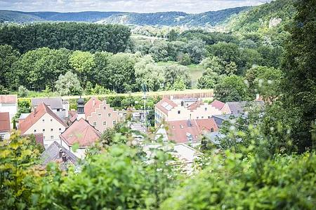 Bad Abbach von oben Blick auf eine kleine Stadt mit roten Dächern, umgeben von Bäumen und Hügeln im Hintergrund.
