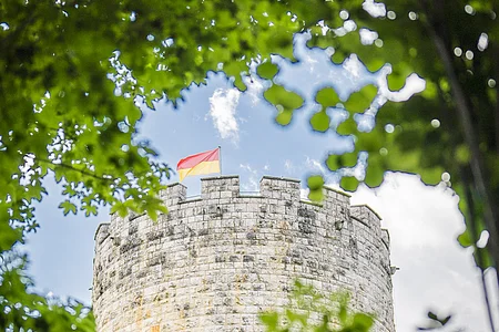 Heinrichsturm Ein runder Steinturm mit Zinnen und einer rot-gelben Flagge, umrahmt von grünen Blättern.