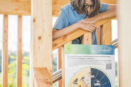 Personen betrachten ein Plakat mit einer Vogeluhr an einem hölzernen Geländer.