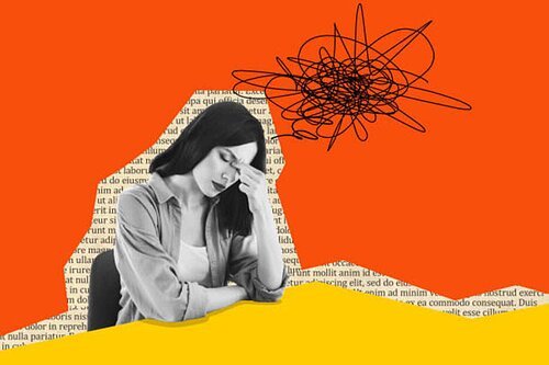 Composite trend artwork sketch image photo collage of monochrome young lady silhouette text fragment sit sad bad mood mess stress headache.