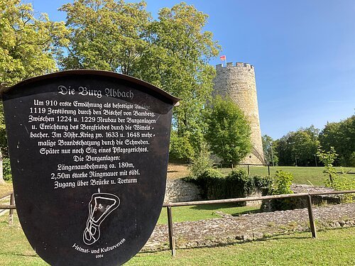 Burgberg mit Heinrichsturm und Infotafel