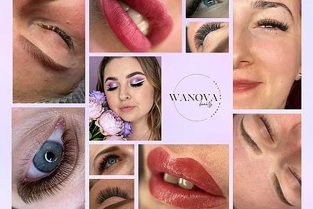 Collage mit Nahaufnahmen von Augenbrauen, Wimpern und Lippen sowie einem Porträt einer Frau mit Make-up und Blumen, Logo Wanova Beauty.