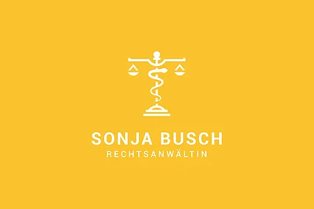 Logo mit Waage, Schlange und Anker, darunter der Text „Sonja Busch Rechtsanwältin“ auf gelbem Hintergrund