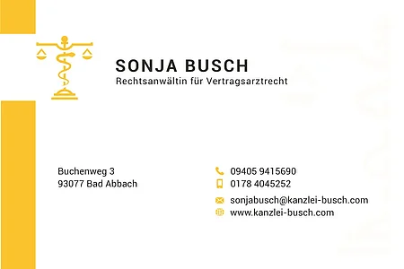 Visitenkarte von Sonja Busch, Rechtsanwältin für Vertragsarztrecht, mit Adresse, Telefonnummern, E-Mail und Webseite.