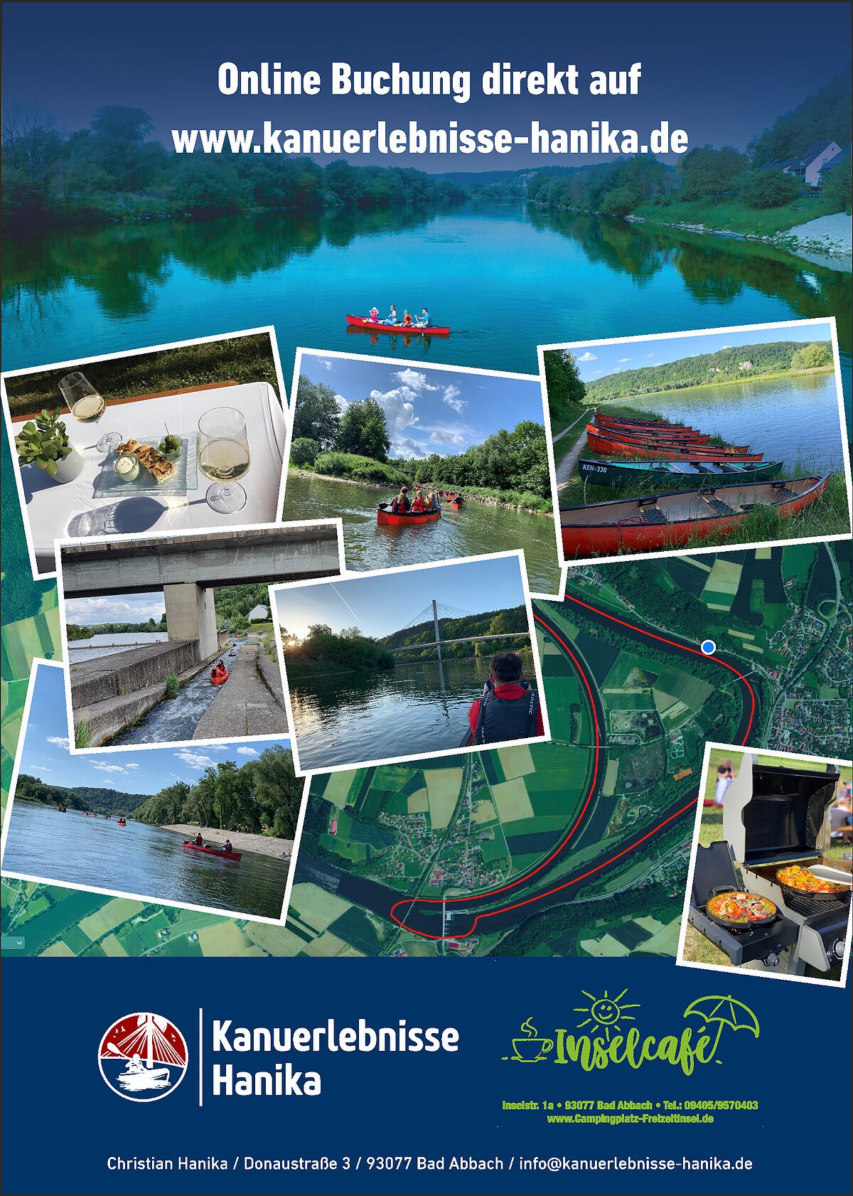Werbung für Kanuerlebnisse Hanika mit Fotos von Kanufahrten, Booten, Essen und einer Flusskarte, Website und Kontaktdaten.