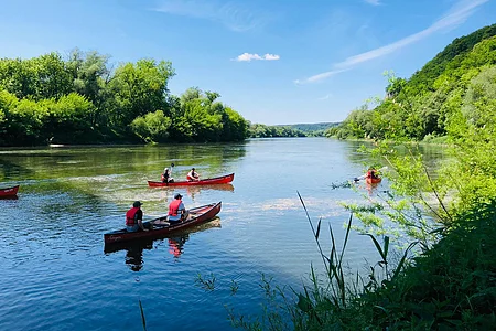 Zwei Kanus mit Personen auf einem breiten Fluss, umgeben von grünen Bäumen unter blauem Himmel.