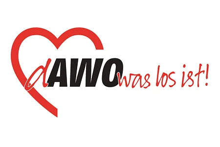 Logo mit rotem Herz und Text dAWO was los ist in Schwarz und Rot