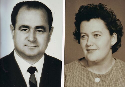 Porträtfotos eines Mannes im Anzug und einer Frau mit kurzem Haar und Bluse, schwarz-weiß nebeneinander.