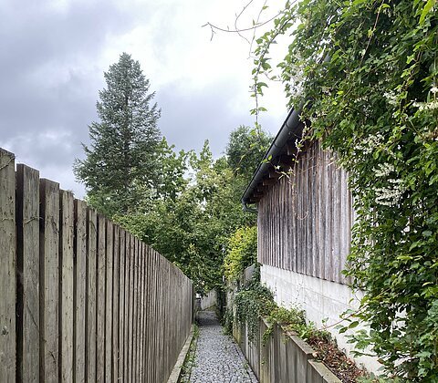 Schmaler gepflasterter Weg zwischen Holzzaun links und Hauswand mit Pflanzen rechts unter bewölktem Himmel.