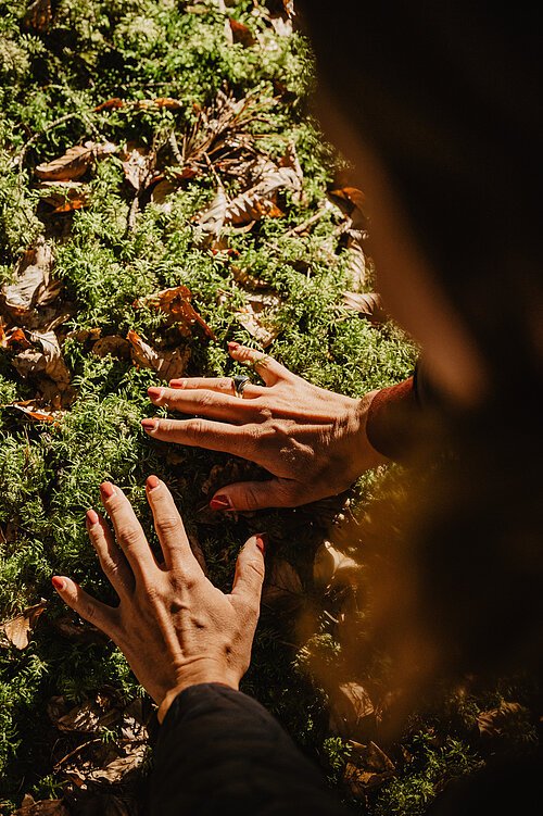 Zwei Hände mit roten Fingernägeln berühren Moos und trockene Blätter auf dem Waldboden.