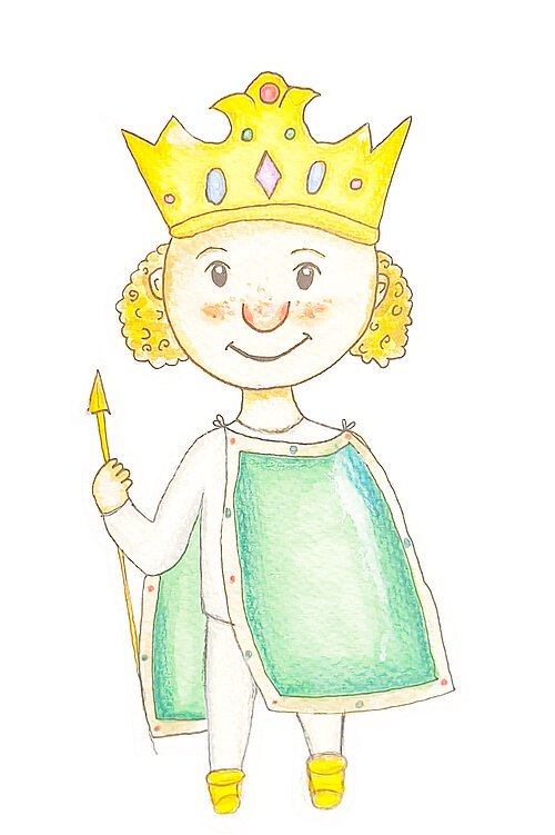 Kindliche Zeichnung einer Figur mit gelber Krone, grünem Umhang und gelben Schuhen, die einen goldenen Speer hält.