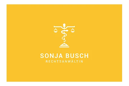 Logo mit Waage, Schlange und Anker, darunter der Text „Sonja Busch Rechtsanwältin“ auf gelbem Hintergrund