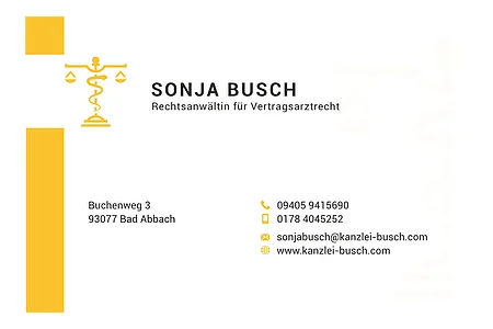 Visitenkarte von Sonja Busch, Rechtsanwältin für Vertragsarztrecht, mit Adresse, Telefonnummern, E-Mail und Webseite.
