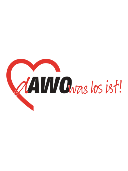 Logo mit rotem Herz und Text dAWO was los ist! in Schwarz und Rot