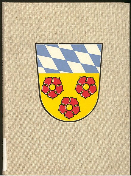Beige Buchcover mit einem Wappen, das oben blau-weiße Rauten und unten drei rote Rosen auf gelbem Grund zeigt.