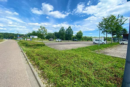 Parkplatz mit wenigen Autos, umgeben von Bäumen und Grünflächen unter blauem Himmel mit Wolken