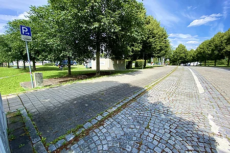 Parkplatz für Busse mit gepflasterter Fläche neben Baumreihe und blauem Himmel bei Tag