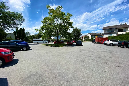 Parkplatz mit mehreren geparkten Autos und einem Baum in der Mitte unter blauem Himmel mit Wolken