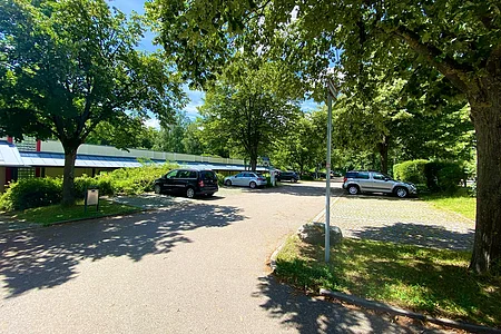 Parkplatz mit mehreren geparkten Autos und Bäumen an einem sonnigen Tag neben einem flachen Gebäude
