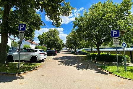 Straße mit parkenden Autos und Bäumen, Parkschilder mit Parkscheibenpflicht von 7 bis 20 Uhr sichtbar.