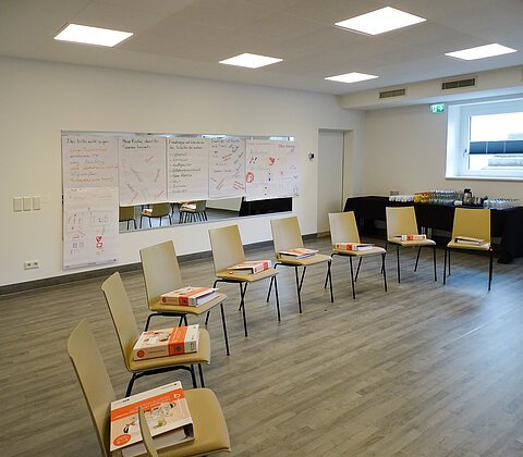 Leerer Seminarraum mit Stühlen in U-Form, Ordnern auf den Stühlen und Flipcharts an der Wand.