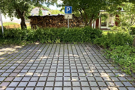 Parkplatz mit Behindertenparkplatzschild vor Holzstapel und Haus, umgeben von Bäumen und Sträuchern