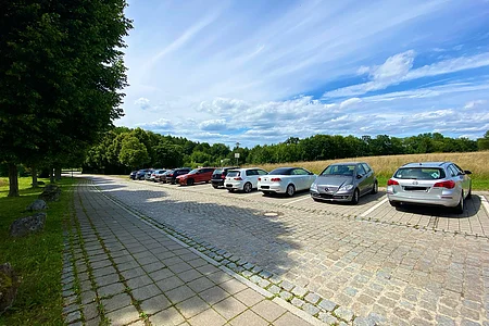 Parkplatz mit mehreren geparkten Autos neben einem gepflasterten Gehweg und Bäumen bei bewölktem Himmel