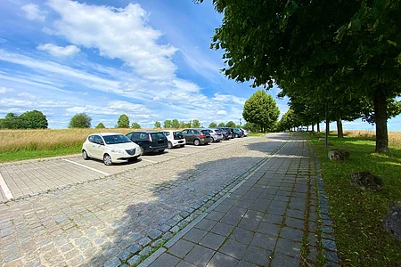 Parkplatz mit mehreren Autos neben einem gepflasterten Gehweg und Bäumen unter blauem Himmel mit Wolken.
