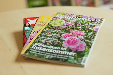 Drei übereinander liegende Zeitschriften auf einem hellen Holztisch, unscharfer Hintergrund mit Regalen.