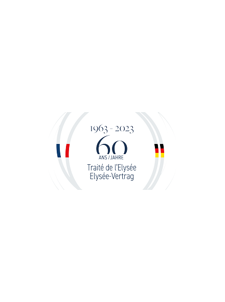 Logo mit Text „1963–2023 60 Jahre Traité de l’Élysée Élysée-Vertrag“ und stilisierten Halbkreisen in den Farben Frankreichs und Deutschlands.