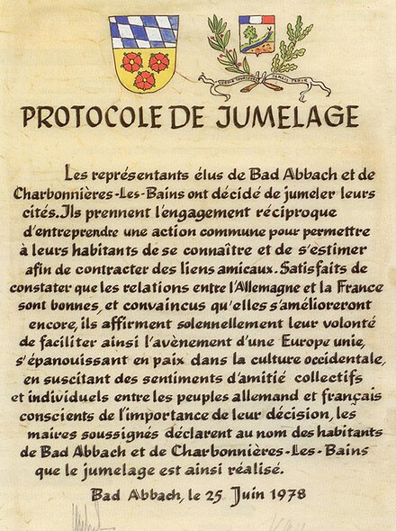 Protokoll der Städtepartnerschaft zwischen Bad Abbach und Charbonnières-les-Bains vom 25. Juni 1978 mit Unterschriften.