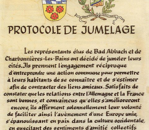 Protokoll der Städtepartnerschaft zwischen Bad Abbach und Charbonnières-les-Bains vom 25. Juni 1978 mit Unterschriften.