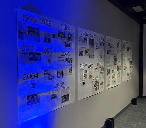 Wand mit Zeitungsartikeln zu verschiedenen Jahren von 1998 bis 2023, beleuchtet mit blauem Licht.