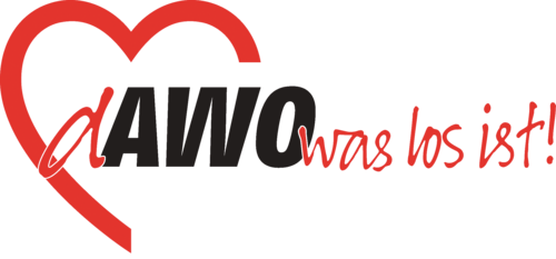 Logo mit rotem Herz und Text dAWO was los ist! in Schwarz und Rot