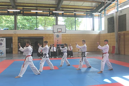 Fünf Jugendliche in weißen Taekwondo-Anzügen führen eine Kampfhaltung in einer Sporthalle vor einer Jury aus vier Personen aus.
