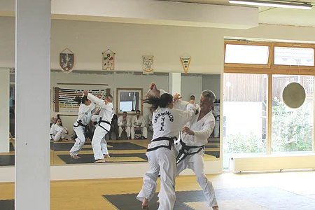 Zwei Taekwondo-Kämpfer mit schwarzen Gürteln üben eine Kampftechnik in einem Dojang mit Spiegelwand.