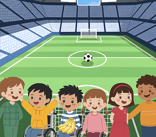 Sechs Kinder, davon drei im Rollstuhl, stehen vor einem Fußballtor in einem Stadion mit Fußball auf dem Spielfeld.