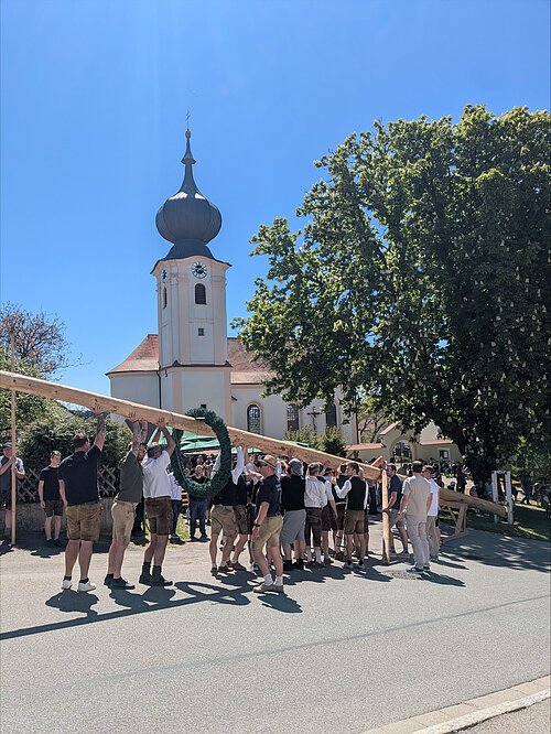 Gruppe von Männern hebt einen geschmückten Maibaum vor Kirche mit Zwiebelturm bei sonnigem Himmel.
