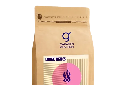 Kaffeepackung Garagenrösterei Lange Agnes Espresso 500g mit rosa Logo und Haltbarkeitsdatum 20.12.2023