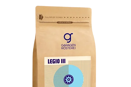 Braune Verpackung mit Aufschrift „Garagen Rösterei Legio III Espresso“ und 500g Inhalt, Kaffeepackung