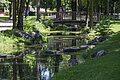 Bach mit Steinen, Bäumen und Holzbrücke, Person in rosa Kleidung im Park im Hintergrund sichtbar.